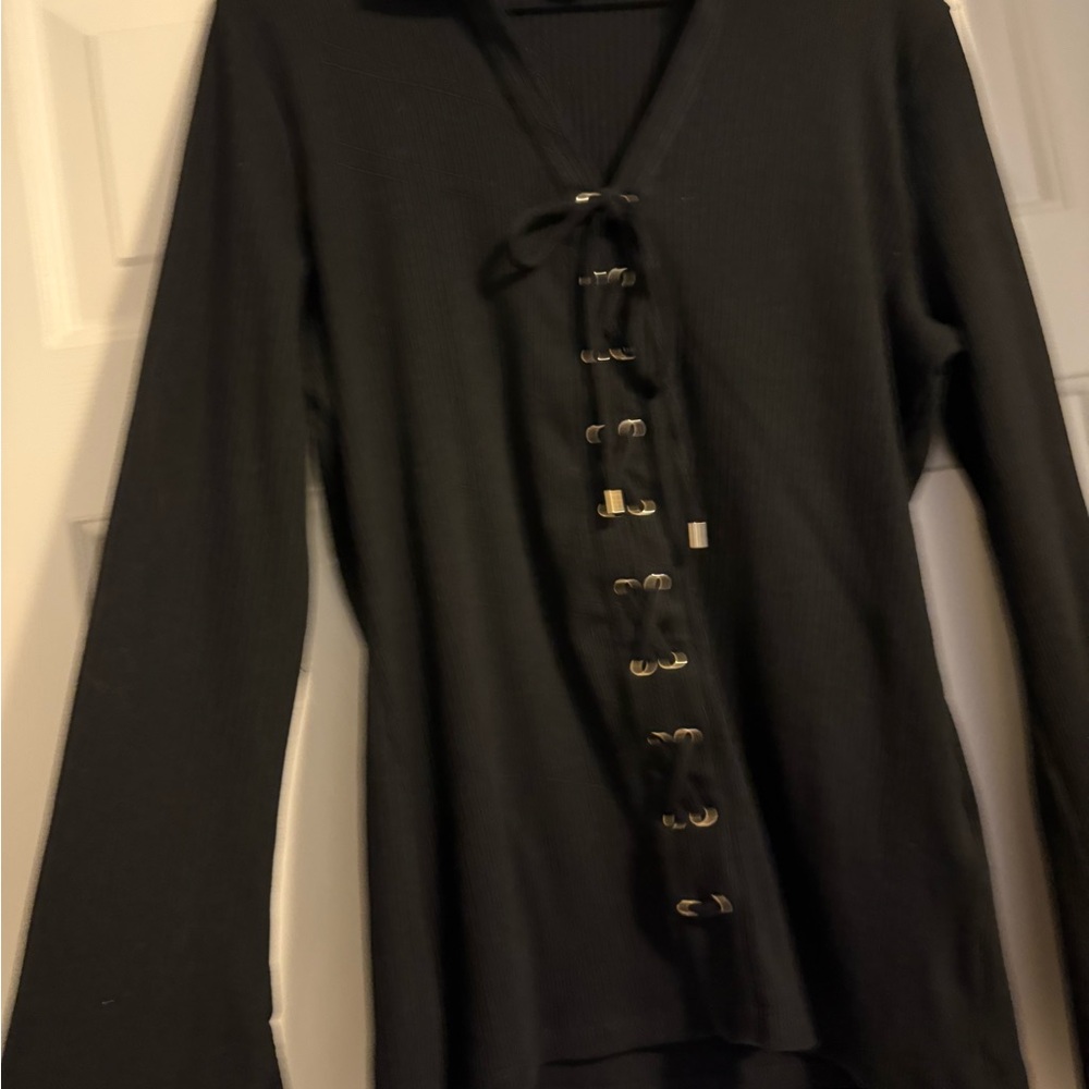 INC International Concepts Black Tie Front Long Sleeve Blouse